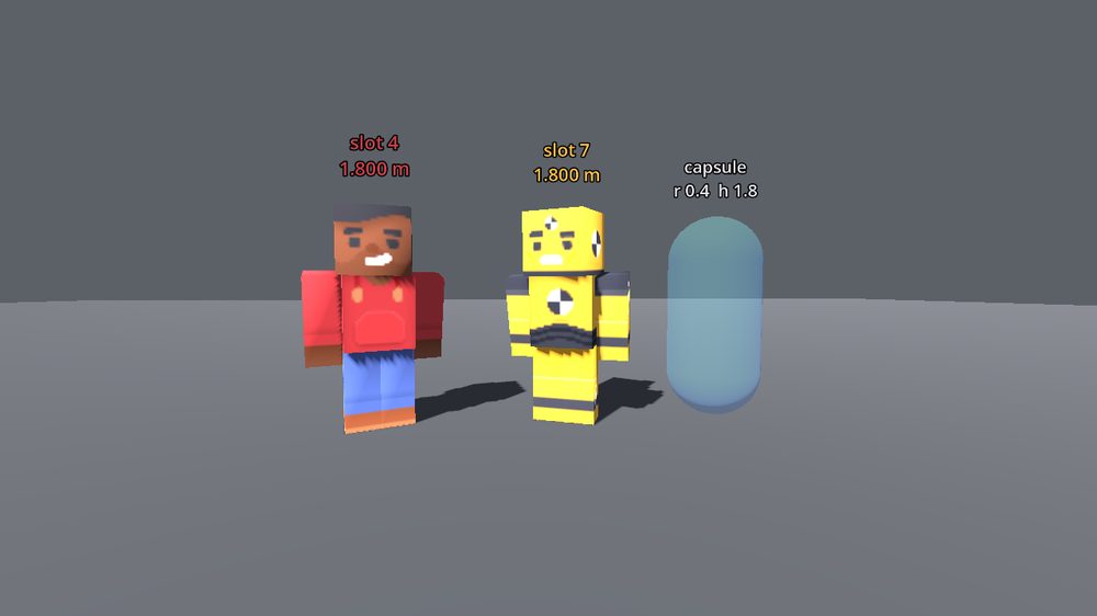 Two blocky voxel characters standing beside a capsule for scale.