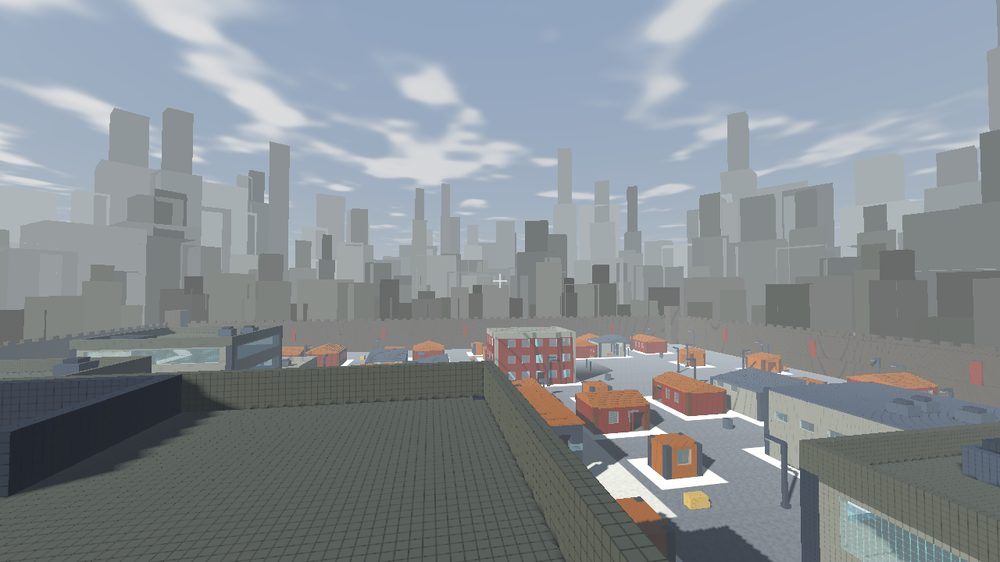 Rooftop view across a voxel city to the perimeter wall and a hazy skyline beyond.