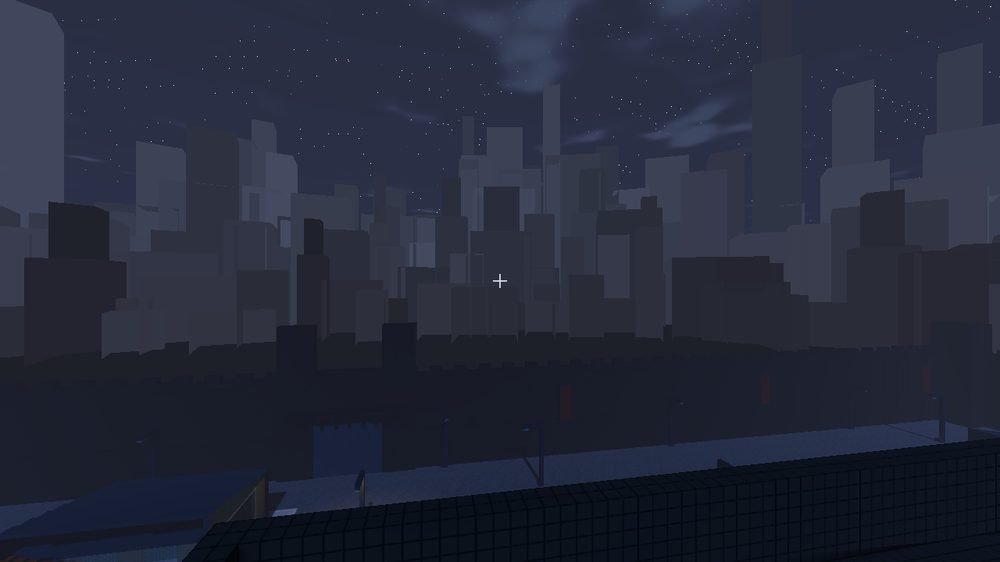 The same city at deep night, lit only by street lamps and a moon.