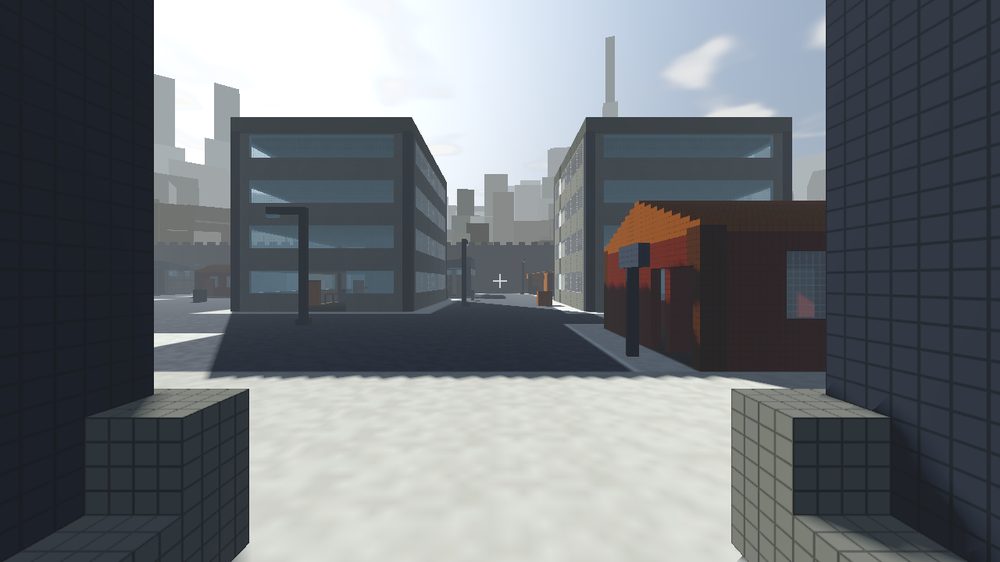 A street between voxel buildings, seen from ground level, with a lit shopfront ahead.