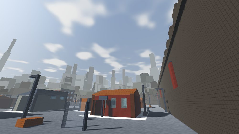 Close view of the perimeter wall with banners, street lamps and merlons.